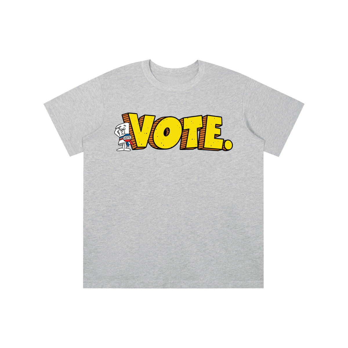 A light heather gray short-sleeve t-shirt with a graphic on the chest featuring the word 'VOTE.' in bold yellow comic-style letters outlined in red, with a small cartoon dog character to the left of the text.