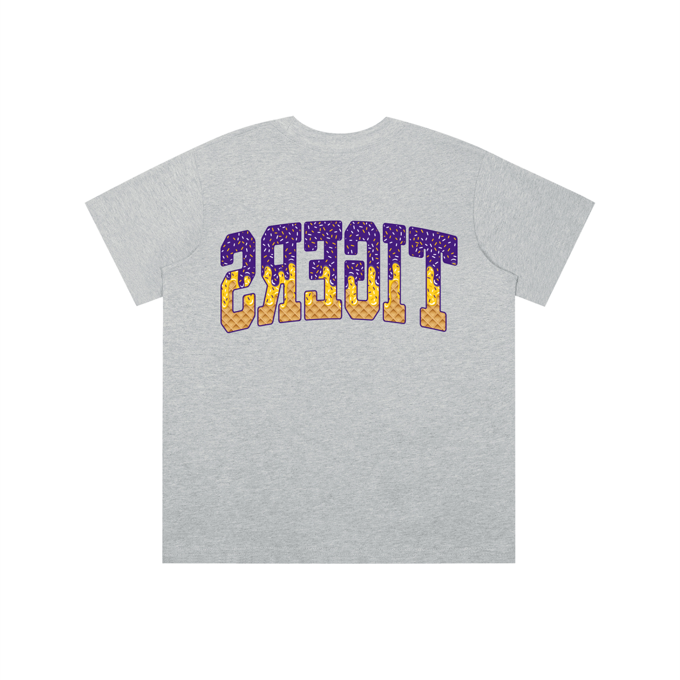 A heather gray short-sleeve t-shirt with a graphic on the chest spelling 'TIGERS' in purple and yellow patterned block letters, shown against a plain white background.