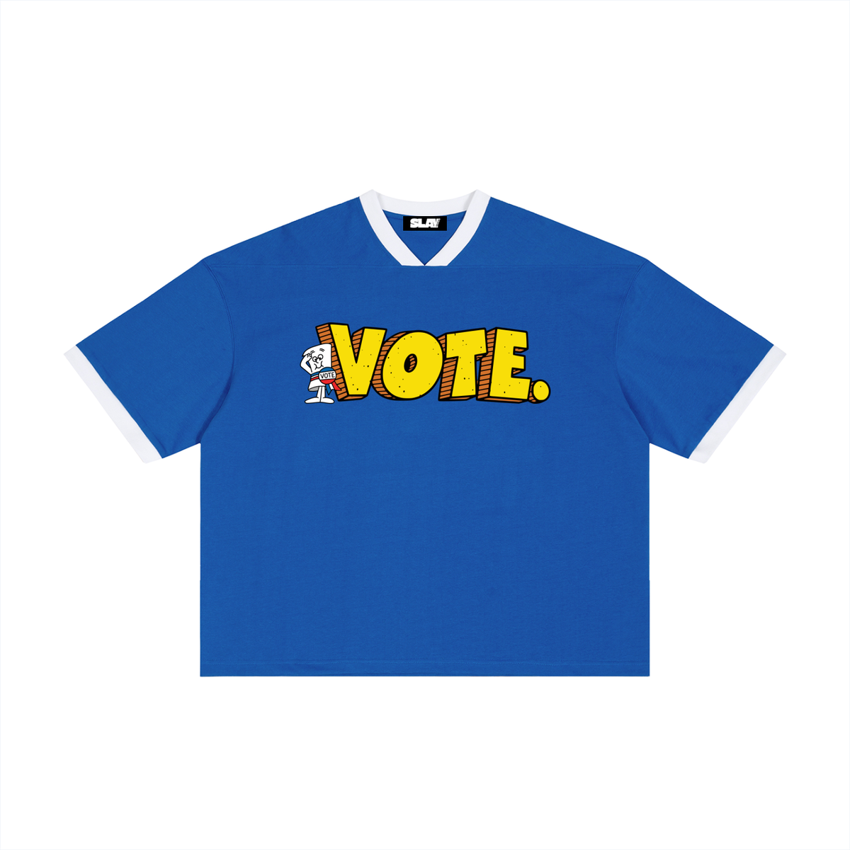 blue ringer T-shirt with whitetrim and a bold yellow 'VOTE.' graphic across the chest,