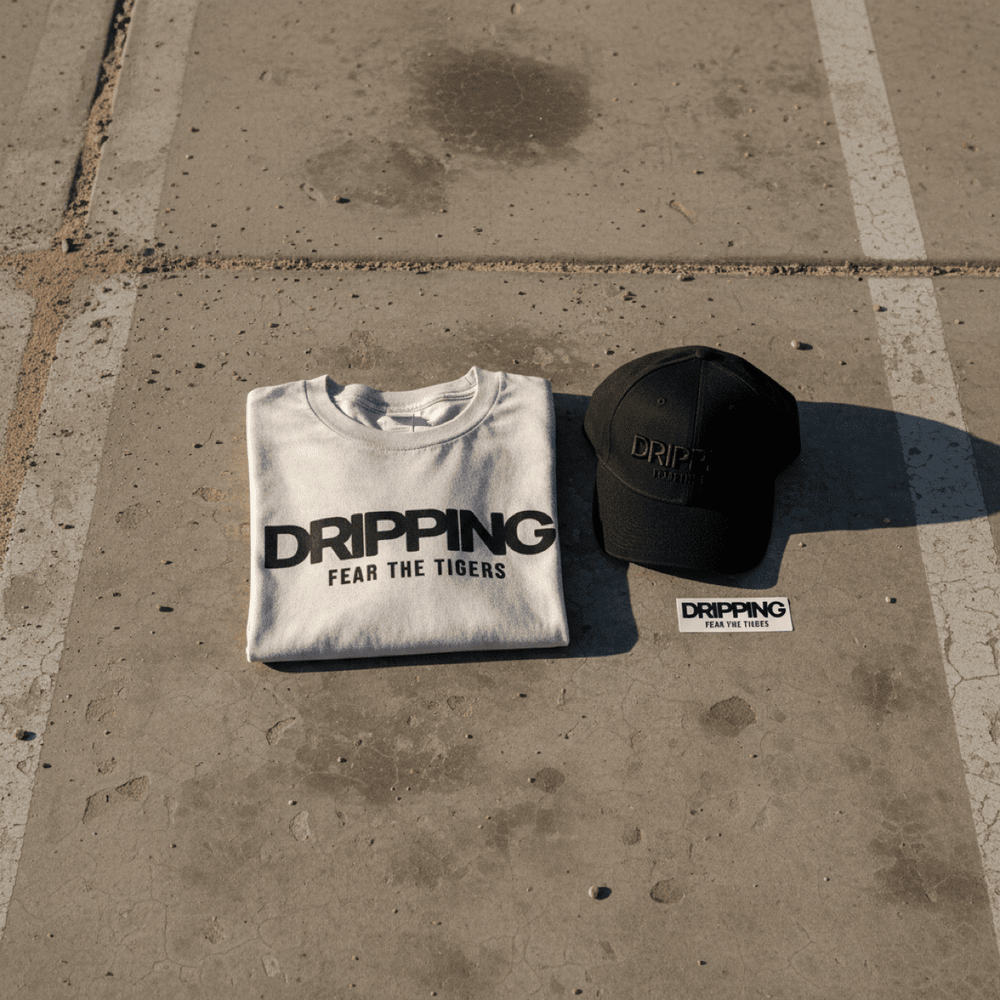 Streetwear set with 'DRIPPING FEAR THE TIGERS' sweatshirt, black hat, and sticker on pavement