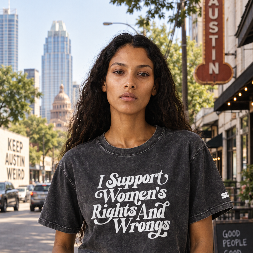 A woman stands on a city sidewalk wearing a faded black graphic T-shirt with white text reading 'I Support Women's Rights And Wrongs' and light blue jeans. Austin street signs and buildings are visible in the background.