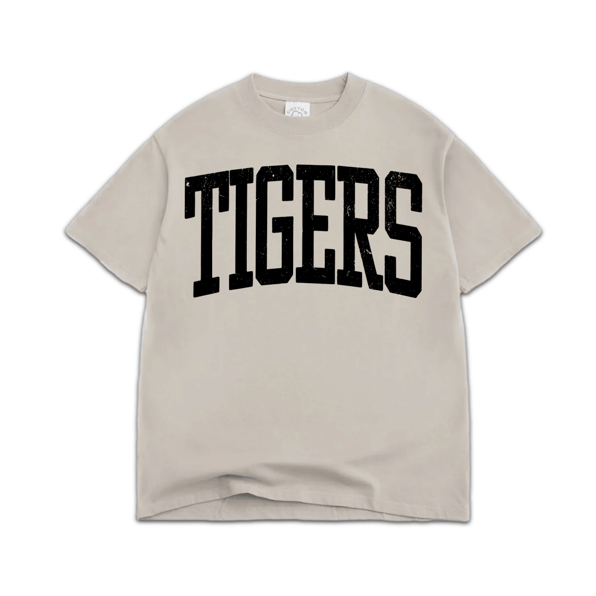 Oversized beige streetwear t-shirt with bold black TIGERS varsity graphic on front