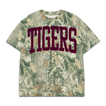 Heavyweight camo t-shirt with bold TIGERS text in maroon, woodland pattern streetwear