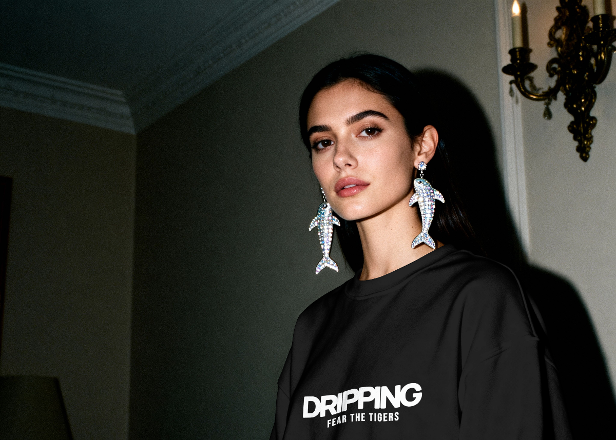 Woman wearing black oversized streetwear shirt with 'DRIPPING FEAR THE TIGERS' text and large rhinestone shark earrings in a dimly lit room.