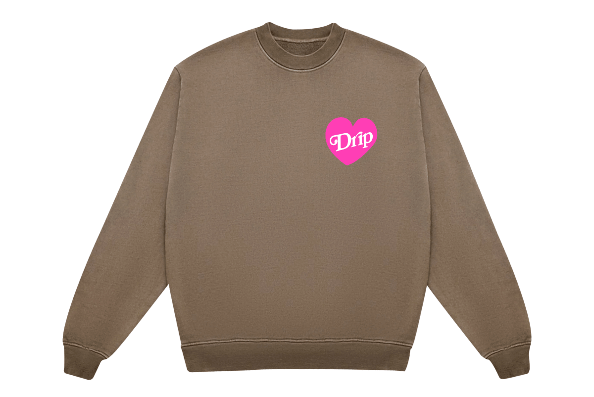 Oversized brown crewneck sweatshirt with pink heart 'Drip' graphic on chest