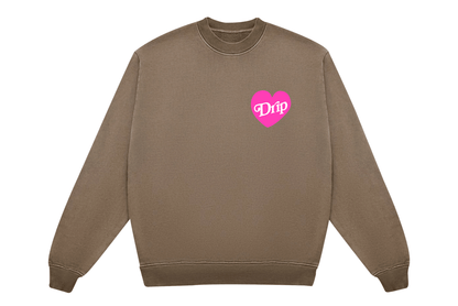 Oversized brown crewneck sweatshirt with pink heart 'Drip' graphic on chest