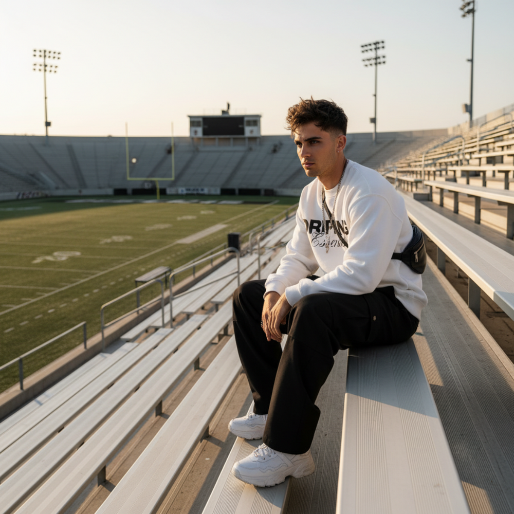 Man in oversized streetwear sweatshirt and joggers sitting in empty stadium bleachers