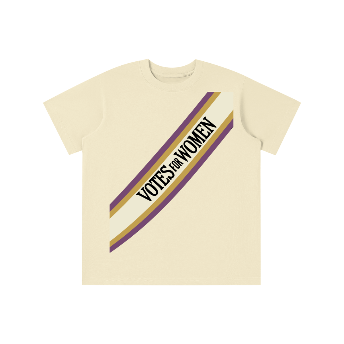 A cream-colored short-sleeve t-shirt with a diagonal graphic stripe across the chest. The stripe features purple and gold borders with the text 'VOTES FOR WOMEN' printed in black.
