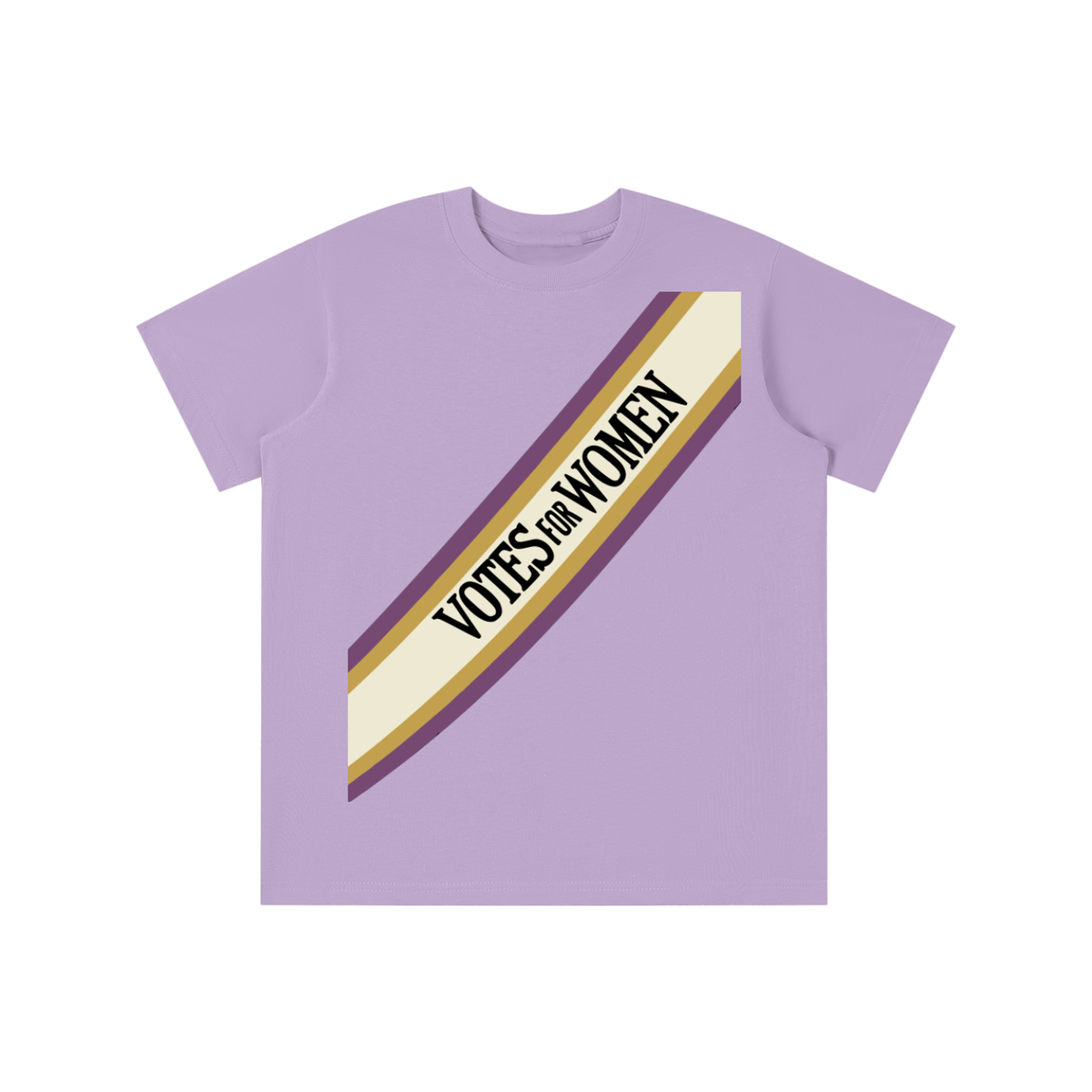 A light purple short-sleeve t-shirt with a diagonal graphic banner reading 'VOTES FOR WOMEN' in black text, bordered in cream, gold, and dark purple, shown on a plain white background.