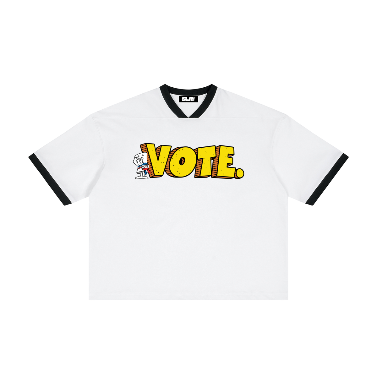 white ringer T-shirt with black trim and a bold yellow 'VOTE.' graphic across the chest,